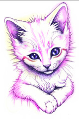 Fototapeta premium Cute white kitten portrait pink outline painting