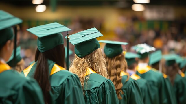 A group of students wearing green graduation caps and gowns are sitting in a stadium. The students are facing away from the camera.