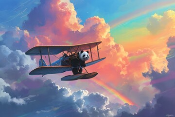 Panda Pilot in a Biplane: Whimsical Aviation Art in Colorful Skies