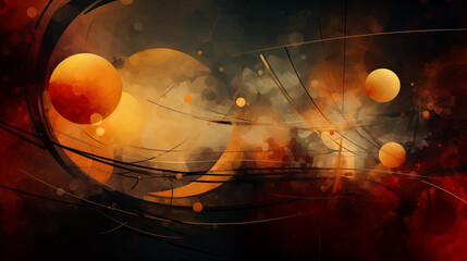 abstract artwork with shapes of lines, circles, triangles, and curves in colors of orange, red, black, and gold against dim indistinct background creates effects of mysterious dynamic movement