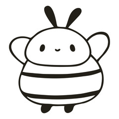A cute and simple cartoon kawaii bee character with large eyes, a smiling expression, and black and white striped body