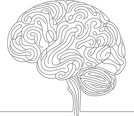 Continuous one line drawing of human brain. Brain line art vector illustration, psychology, idea and intelligence concept. Editable stroke.