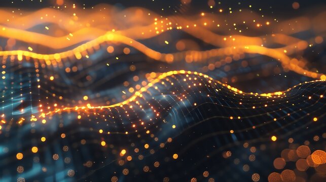 Abstract glowing orange and blue waves with bright glowing particles on a dark background.