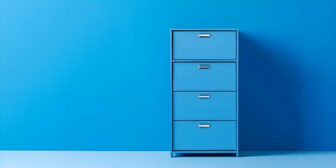 Blue file cabinet against blue background for file storage organization. Concept Organization, File Storage, Office Decor, Blue Aesthetic, Functional Design