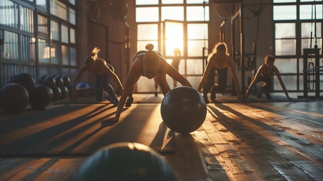 A group of women in a fitness class are doing a core workout with exercise balls. They are all wearing sportswear and are working hard. - Powered by Adobe