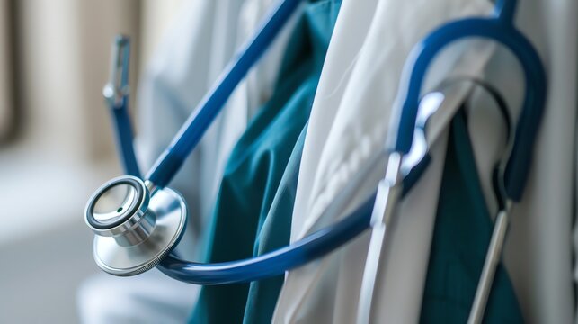 A stethoscope is draped over a white lab coat and green scrubs. The image is soft and inviting, and the colors are bright and cheerful.