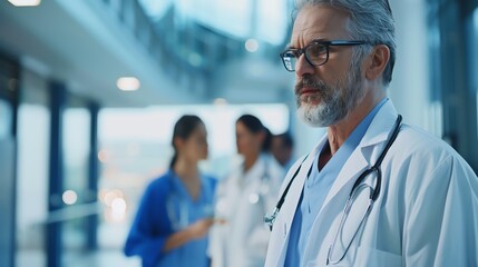 Thoughtful senior male doctor wearing white coat and stethoscope examines patient's test results in modern hospital.