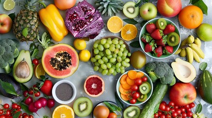 Top view of healthy food ingredients. Various colorful fruits, vegetables, and seeds on white rustic background. Clean eating concept.