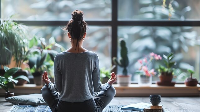 A young woman is sitting in a yoga pose in her living room. She is wearing a grey t-shirt and black leggings.