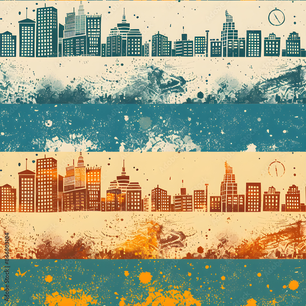 Poster repeating cityscape pattern with grunge texture and color tones, ideal for backgrounds and urban des