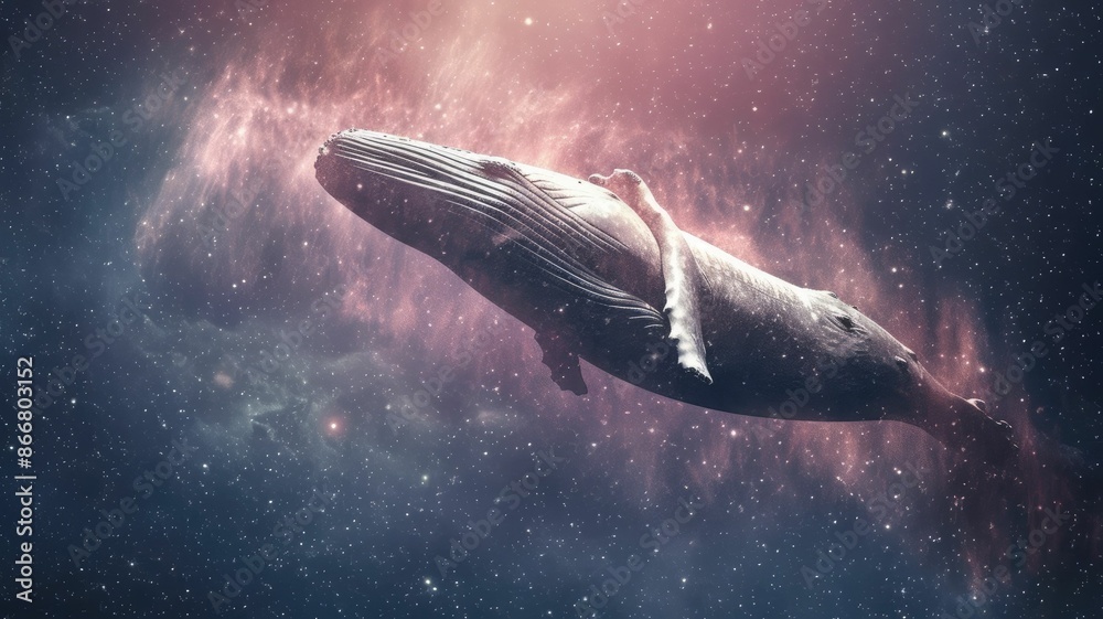 Wall mural surreal art design of a whale floating in space with a cosmic background and starry sky. digital art