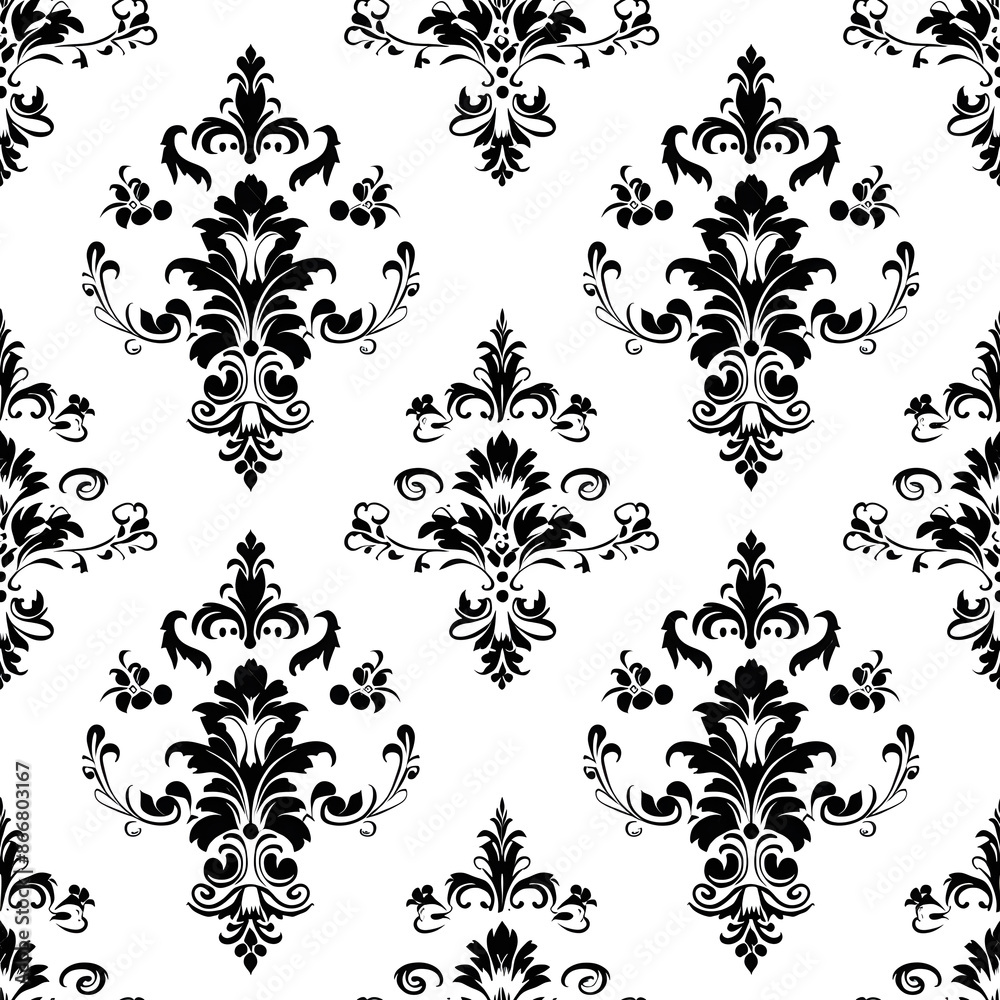 Poster Seamless damask pattern repeating floral ornament design on white background