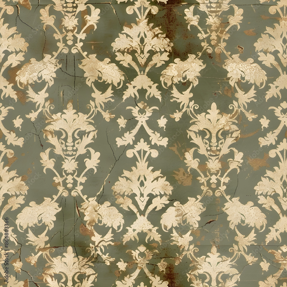 Aufkleber Seamless damask pattern repeating on grunge weathered wall, ideal background for vintage and retro designs