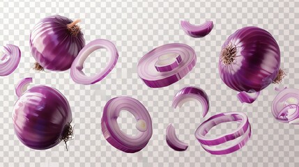 Red onion slices and rings flying in the air. Isolated on transparent background. 3d rendering.