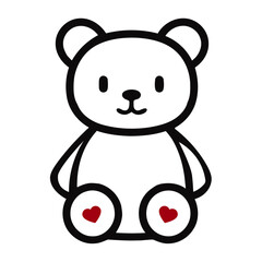 A cute white teddy bear with black outlines, sitting with two red hearts on its belly