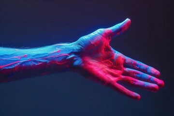 A hand reaches out with neon pink and blue lighting. The veins are prominent, creating a surreal and striking image.
