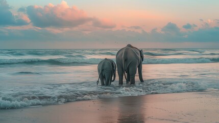 Two elephants walk along a beach at sunset.