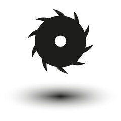 Circular saw blade. Black silhouette icon. Shadow effect below. Industrial tool vector.