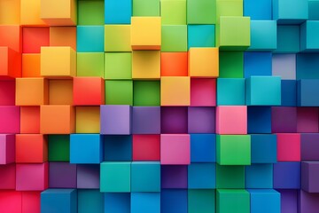 Colorful abstract background of cubes arranged in wall pattern. The cubes are various shades of rainbow colors