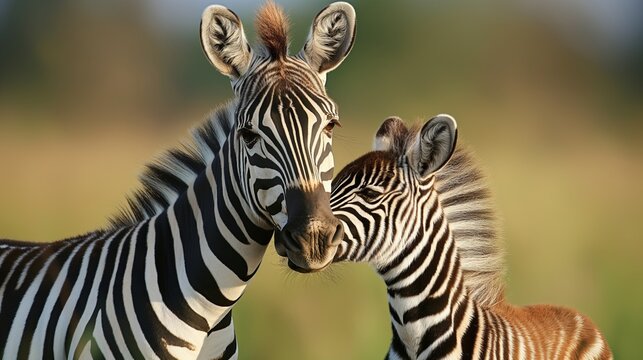 A closeup of a mother zebra and her baby nuzzling, showcasing their striped patterns.
