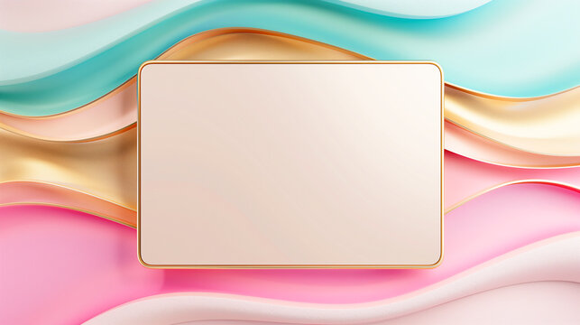wavy abstract geometric background with a rectangular, beige center space, pastel colors including pink, mint green, and turquoise. bordered with a golden texture, creating a luxurious, soft aesthetic