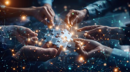 A group of people of different ethnicities are shown holding puzzle pieces with glowing edges.