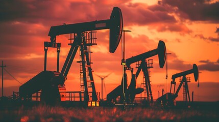 Oil Pump Jacks Silhouetted Against Dramatic Sunset Sky