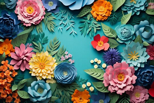 Colorful Paper Flower Bouquet with Varied Petals and Leaves Against a Blue Background, Highlighting Artistic Creativity. Generative AI
