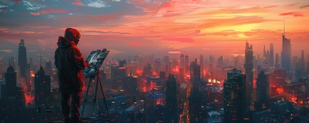 Fototapeta premium An artist painting a futuristic cityscape, focus on the artwork, futuristic, silhouette, urban setting backdrop