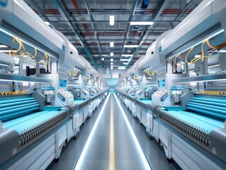 Obraz premium Modern garment factory with computer-controlled knitting machines, producing high-quality knitwear, illustrating the integration of technology in textile production 