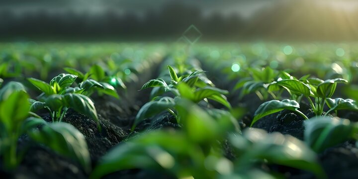 Nighttime view of smart farm with digital grid overlay enhancing crop rows. Concept Smart Farming, Digital Technology, Crop Monitoring, Agriculture Innovation, Night Time Views - Powered by Adobe