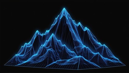 3D mountain hologram. abstract blue wireframe mountain on black background.