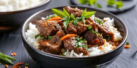 Vietnamese dish Com Bo Luc Lac tender beef fragrant rice. Concept Vietnamese cuisine, Com Bo Luc Lac, traditional dish, beef, fragrant rice