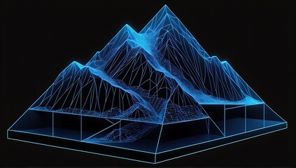 3D mountain hologram. abstract blue wireframe mountain on black background.