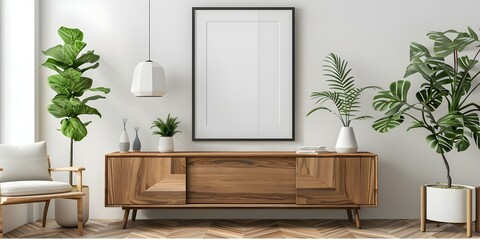 Modern living room with mockup frame and wooden cupboard. Concept Living Room Decor, Mockup Frames, Wooden Cupboard, Contemporary Design