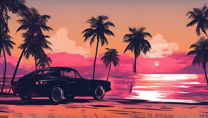 Car with Surfboard on Beautiful Tropical Beach with Palm Trees and Sunset in Miami beach, Generative AI


