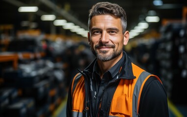 Portrait of a confident professional engineer wearing a safety vest, standing in an industrial setting with machinery in the background