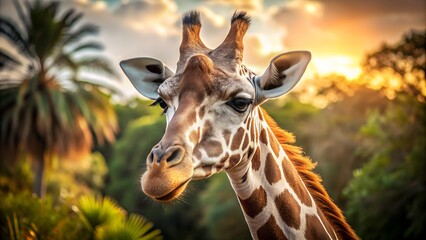 Obraz premium Close up view of a tall graceful giraffe with its distinctive intricately patterned brown and long neck