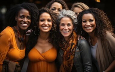 Fototapeta premium A group of women, diverse in age and ethnicity, stand close together in a happy embrace. They are all wearing orange clothing and smiling broadly at the camera