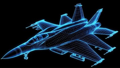 fighter jet hologram. abstract blue wireframe fighter jet on black background.