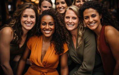 A group of five women smile for the camera during a night out. They are dressed in casual attire and appear to be enjoying themselves