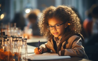 A young African American school girl wearing glasses studies in a classroom setting. She is writing in a notebook with a pen