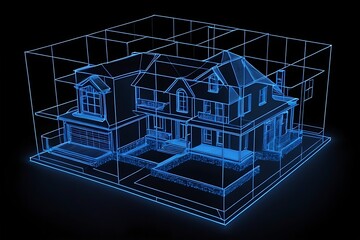 Fototapeta premium 3d house hologram. real estate abstract blue wereframe on black background.
