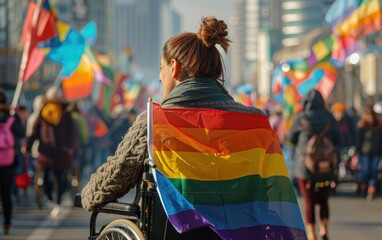 Obraz premium A woman in a wheelchair, draped in a rainbow flag, walks through a crowd of people at a pride parade