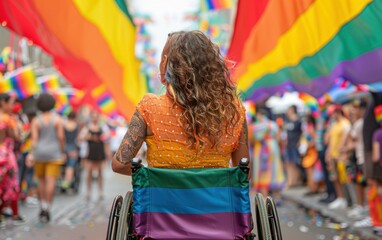 Fototapeta premium A disabled woman in a wheelchair attends a pride parade. She is wearing a colorful dress and has long curly hair