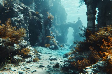 Naklejka premium Underwater Ruins with Sunlit Pathways and Vibrant Flora 
