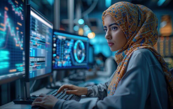 A woman wearing a hijab sits in front of a computer screen, her face illuminated by the glow of the monitor as she monitors data feeds in a cybersecurity operations center