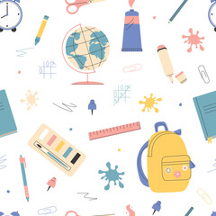 Back to school seamless pattern. School supplies on white background. Stationery vector illustration. Globe, school backpack, scissors on light background.