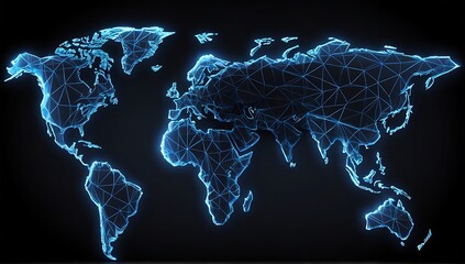 world map hologram. abstract blue wireframe world map on black background.