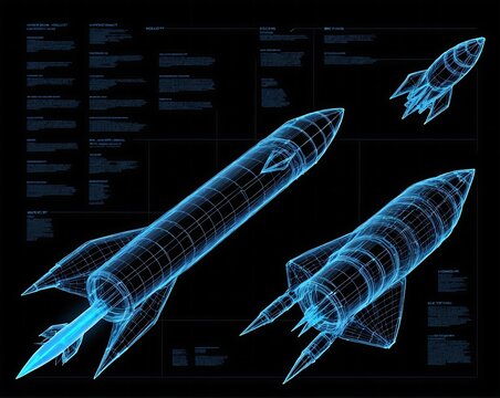 space rocket hologram. abstract blue wireframe space rocket on black background.
